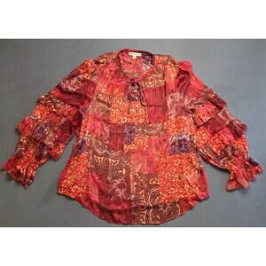 Frye and Co. XL  Floral Patchwork Print‎ Long Sleeve Boho Sheer Blouse Ruffled